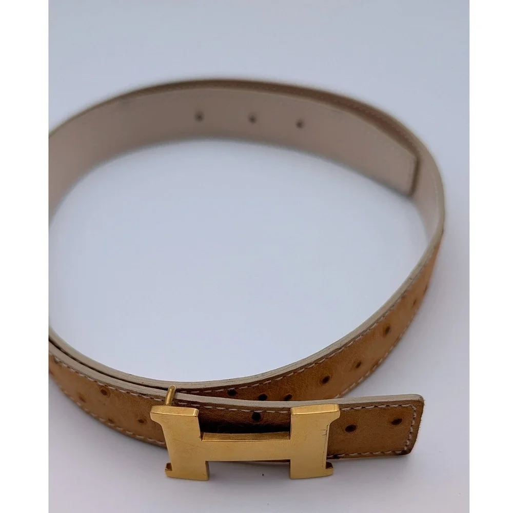 MaxTamara Ostrich Embossed Leather Belt Tan Gold H Buckle Made in Italy 37.5in